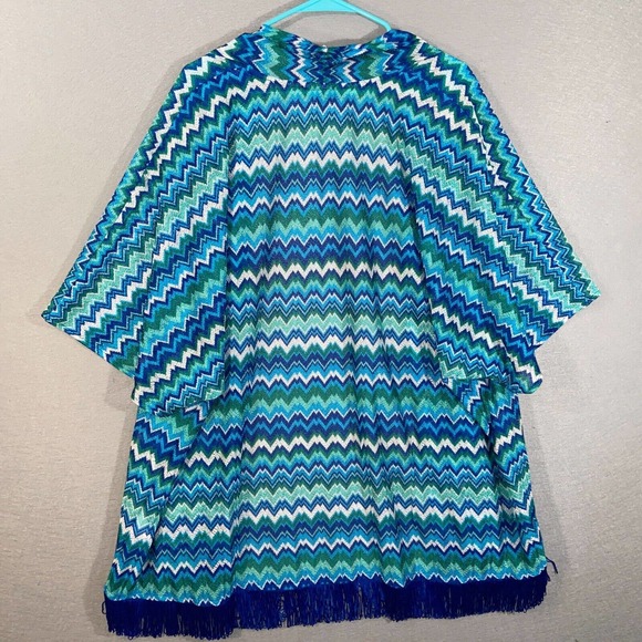 Susan Graver Cardigan Womens XL Blue Green Chevron Kimono Sleeve Tasseled Casual - Picture 8 of 14